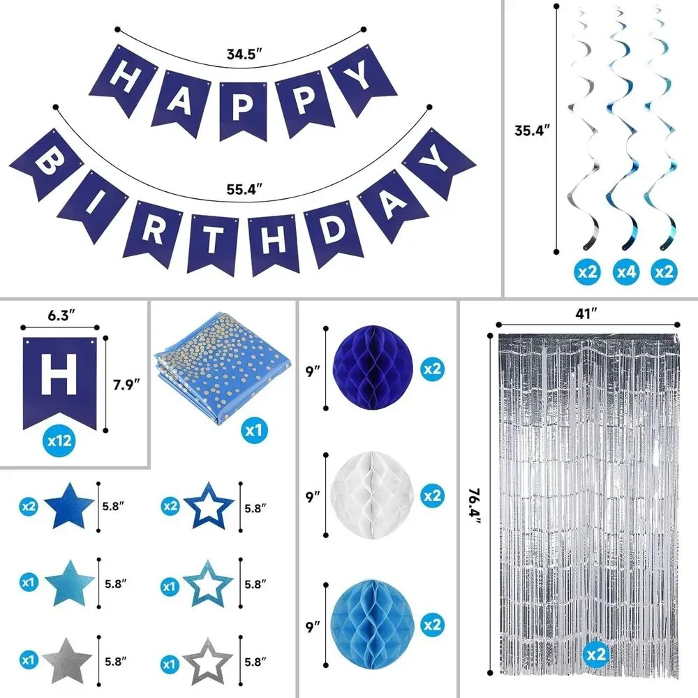 Rishpahu Happy Birthday Banner, Birthday Decorations Blue