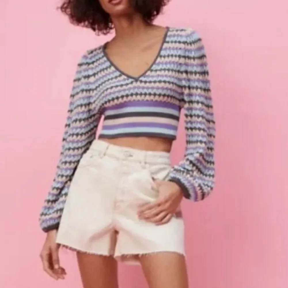ZARA Women’s Striped Crochet Knit Cropped Sweater Top Puff‎ Sleeve V-Neck Sz L