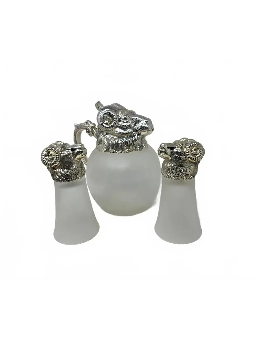 Vintage Ram Head Claret Jug & 2 Stirrup Cups Silverplate