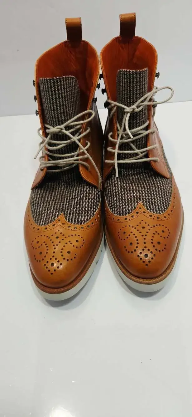 Stanlion Deluxe Brown Leather and Tweed Lace-Up Brogue Boot
