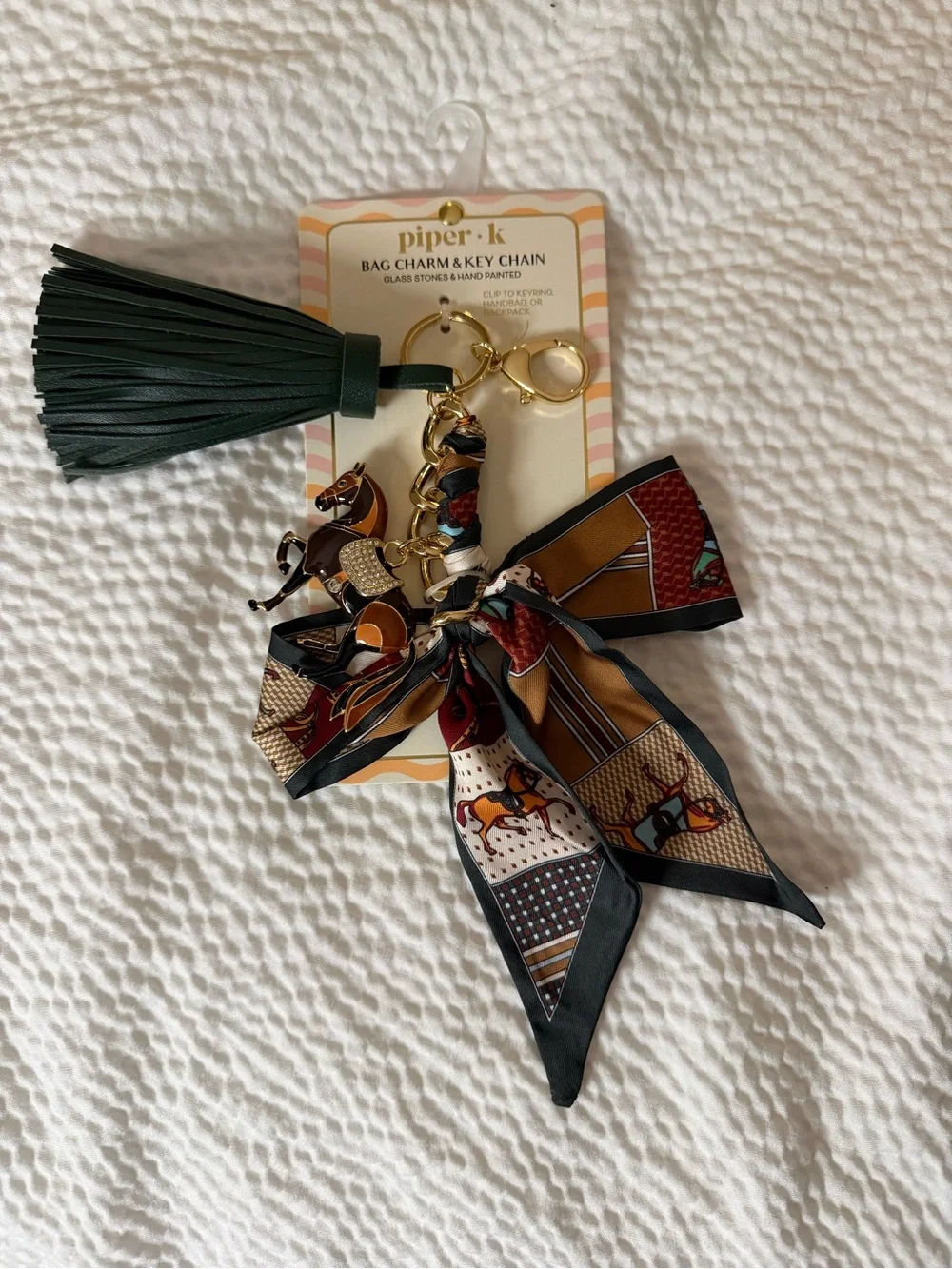Piper K Horse Bag Charm Equestrian Gold Scarf Bow Crystal Tassel Key Ring