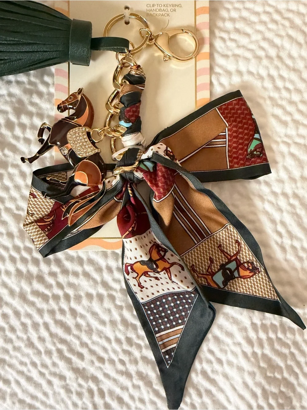 Piper K Horse Bag Charm Equestrian Gold Scarf Bow Crystal Tassel Key Ring