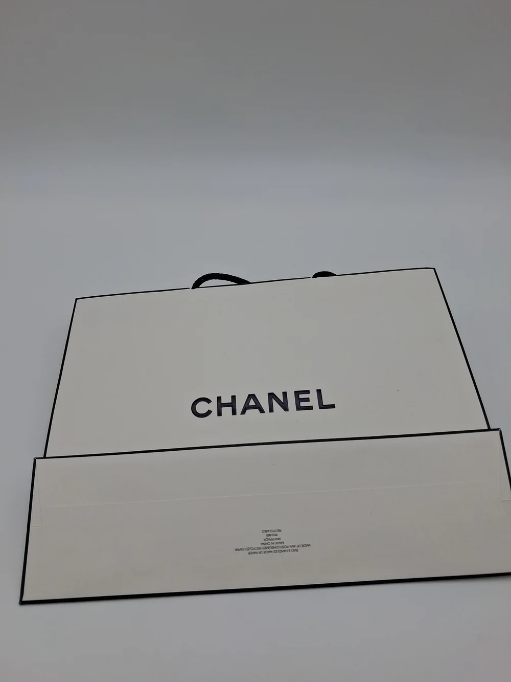CHANEL White Black Shopping Gift Bag Rope Handles Logo Ribbon Luxury Packaging