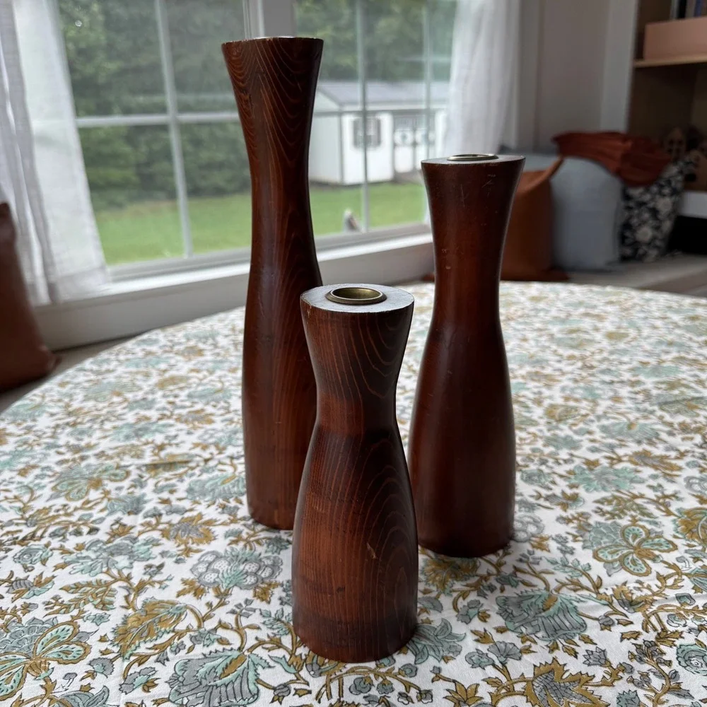 Edwin F Dalstrom Handcrafted Wood Candle Holder Set 3 Mid Century Modern Taper