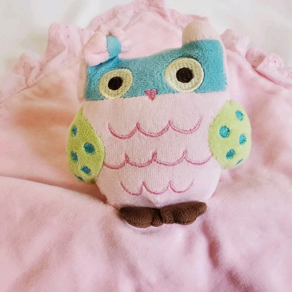 Vintage Babies R Us Pink Owl Plush Security Blanket‎ Lovey Pink Eyelet Trim 14