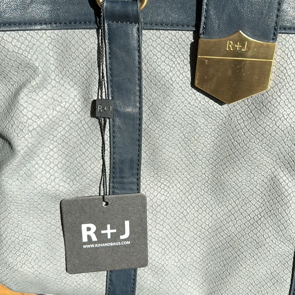 R+J Karalyn Grey Snakeskin Embossed Satchel Handbag‎ Navy Trim NWT HK-217-KAR