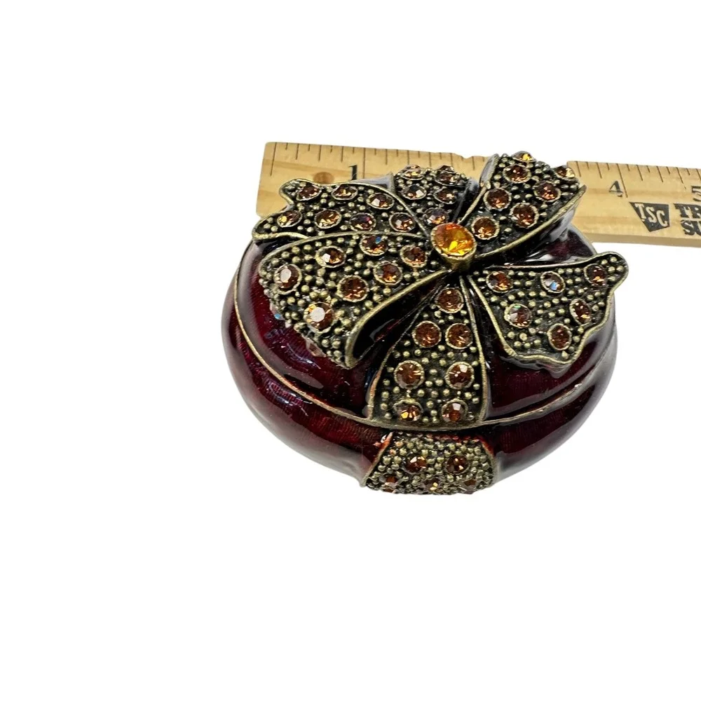 Round Burgundy Trinket Jewelry Box with Rhinestone Bow Accent Display Decor‎