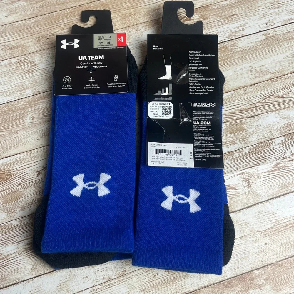 2 Under Armour UA Team Cushioned‎ Crew Socks Royal Blue Men 8.5 13 Women 10 14