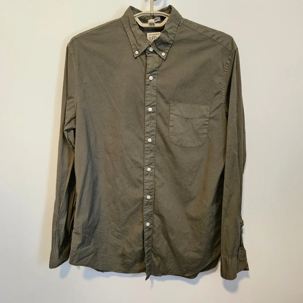 J.Crew Button Down Up Shirt Medium Secret Wash Stretch Classic Fit Olive Green