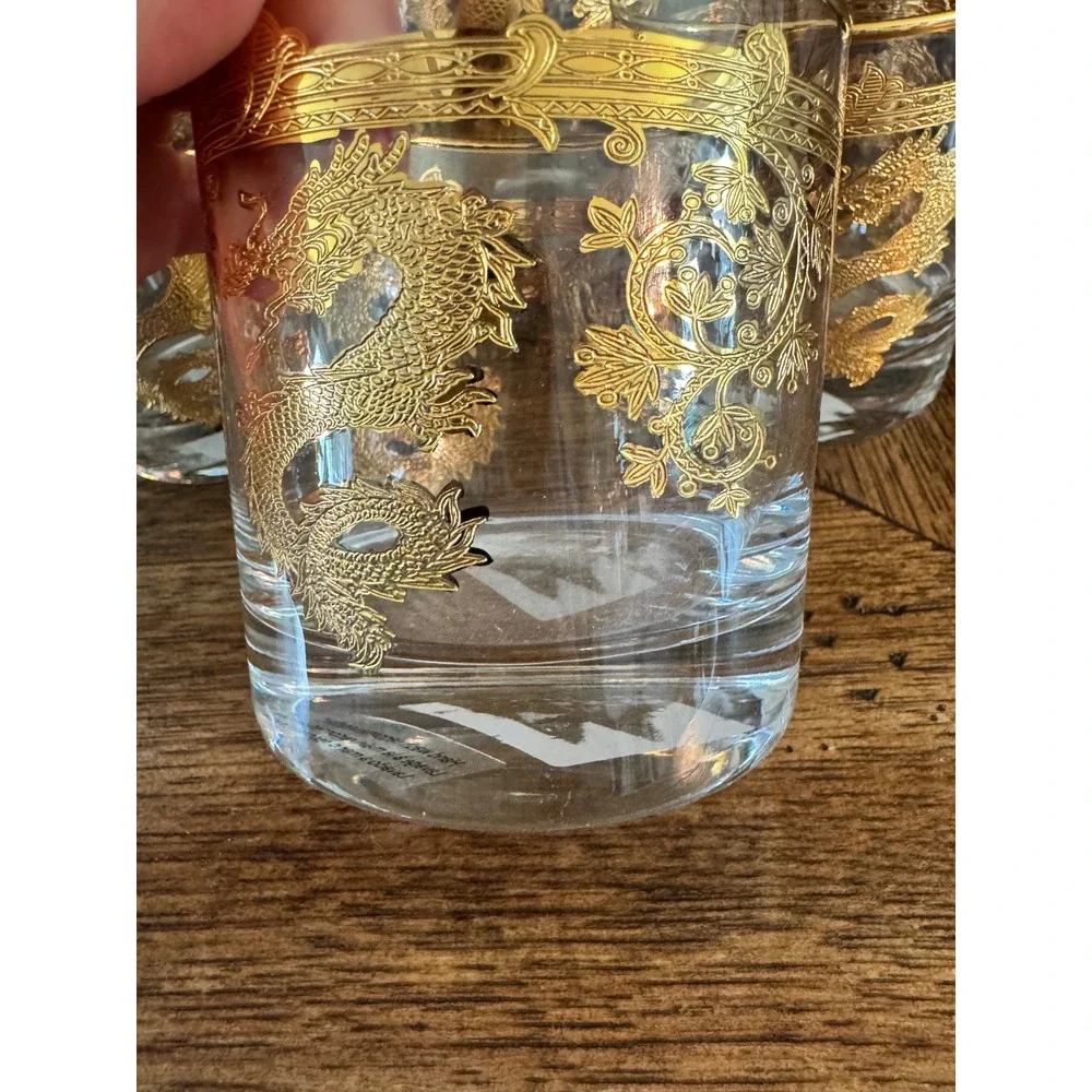 Willams‎ Sonoma Gold year of Dragon Encrusted Decanter 3 Glasses Set Barware