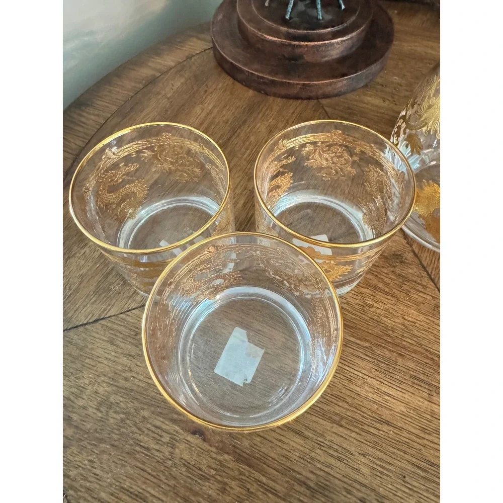Willams‎ Sonoma Gold year of Dragon Encrusted Decanter 3 Glasses Set Barware