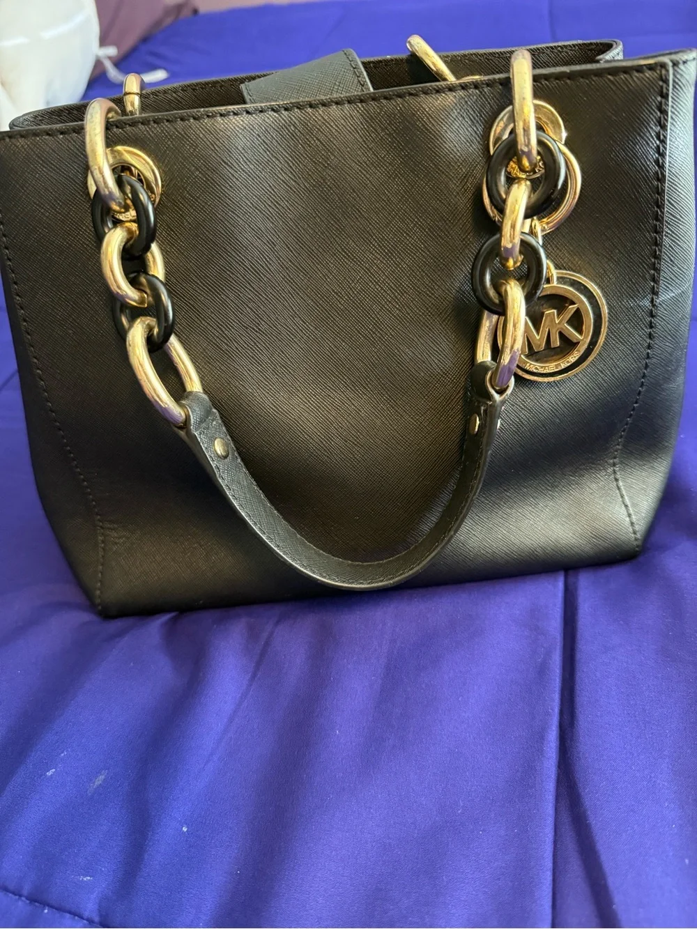 Michael Kors Black Saffiano Satchel with Gold Chain Accents