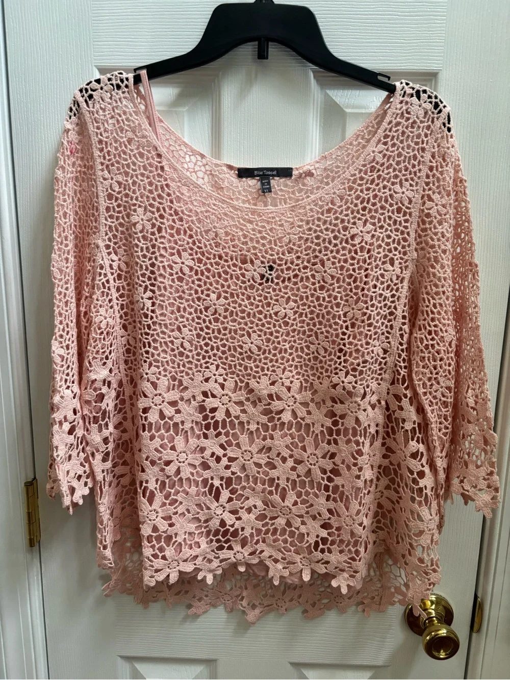 Anthropologie Blue Tassel Blush Pink Boho Crochet Lace Top w/ Cami, Size XL,NWOT