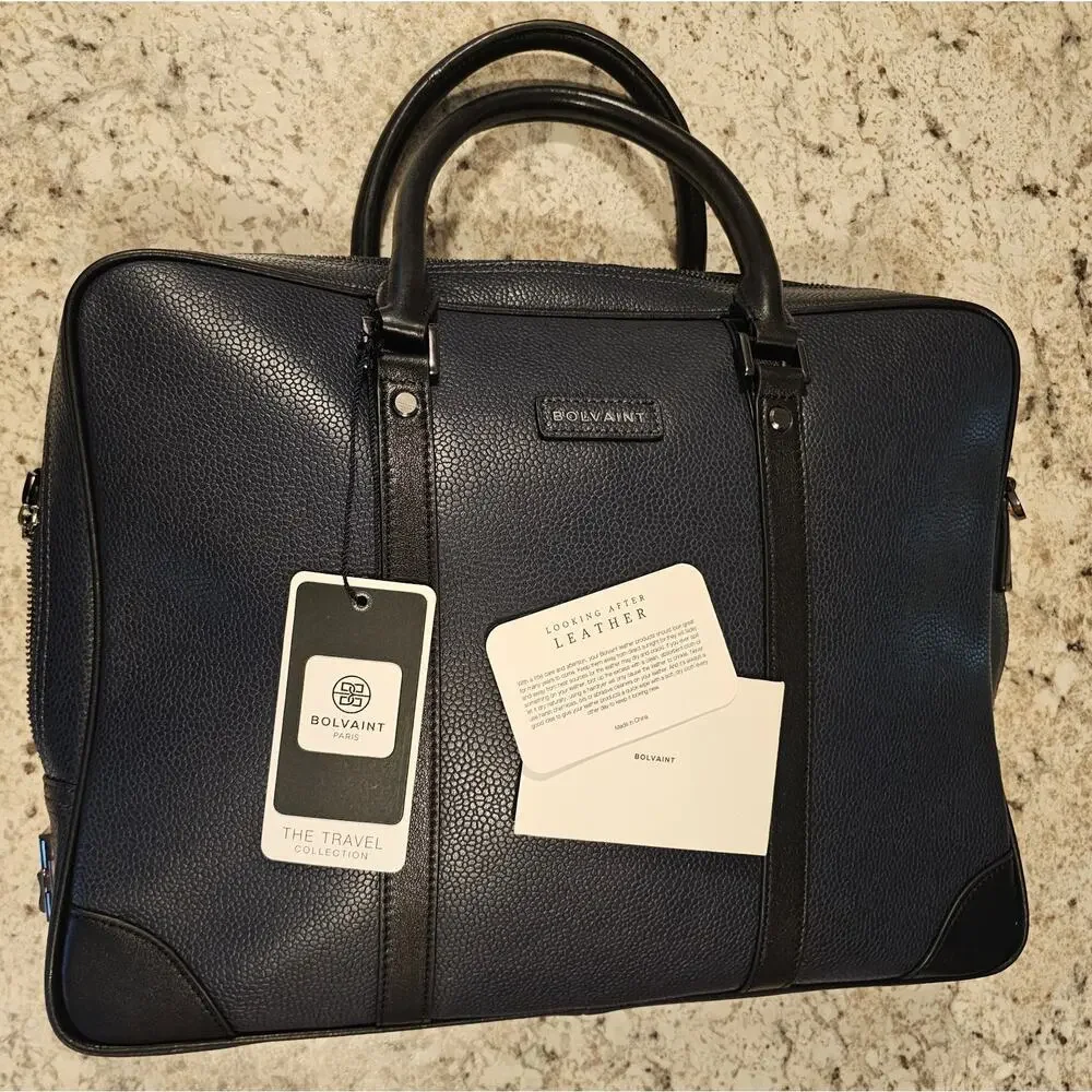 Bolvaint Cabot Leather Briefcase Travel Bag Zip-Around Carry Handle Navy/Black