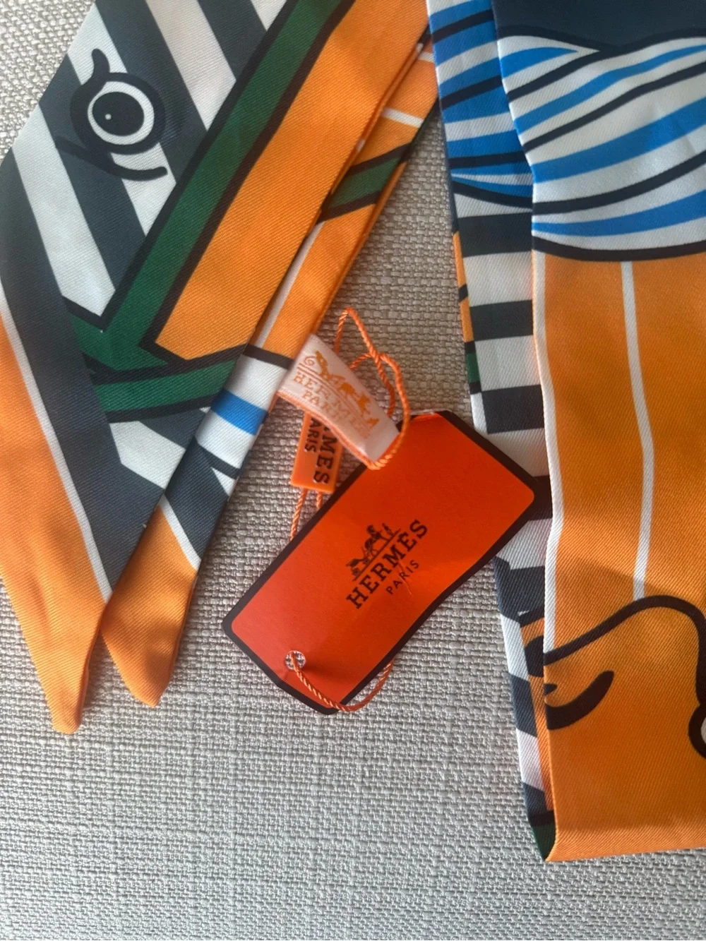 Hermès Quadrige Bayadere Twilly Silk Scarf Ocre Gris Vert NWT