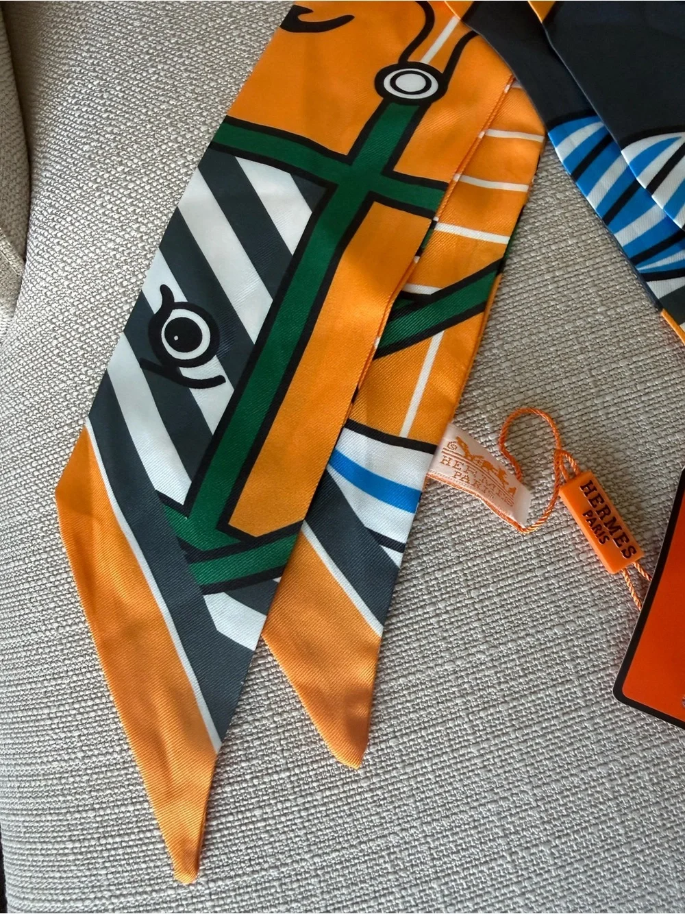 Hermès Quadrige Bayadere Twilly Silk Scarf Ocre Gris Vert NWT