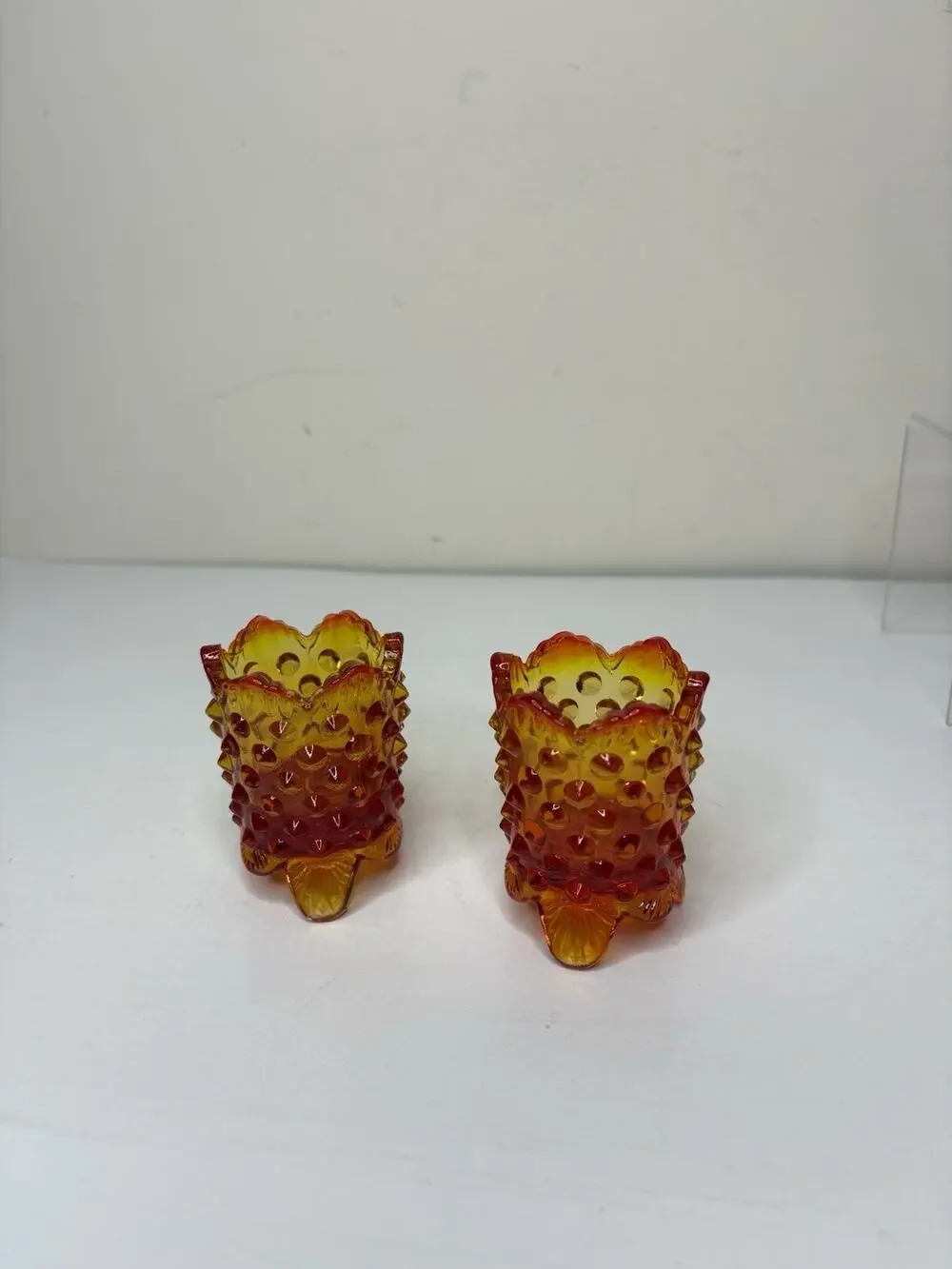 Vintage Fenton Orange Red Amberina Hobnail Footed Toothpick Holder Set of 2