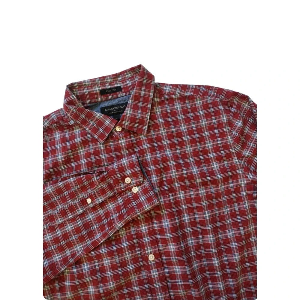 Banana Republic Shirt Mens Large Red Plaid Soft Wash Slim Fit‎ Button Up Preppy