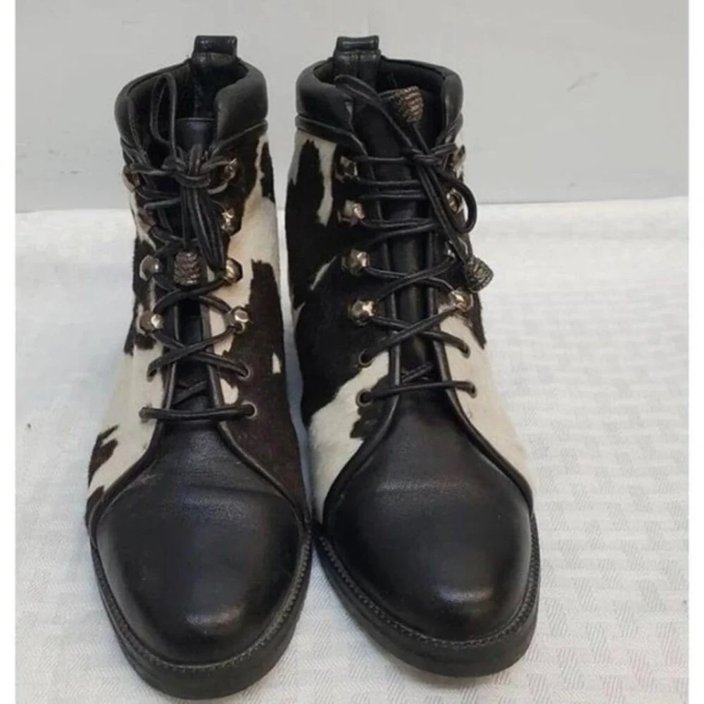 Stuart Weitzman Cow Print‎ Leather Boots big Kids 4 Black White Good Calf Hair