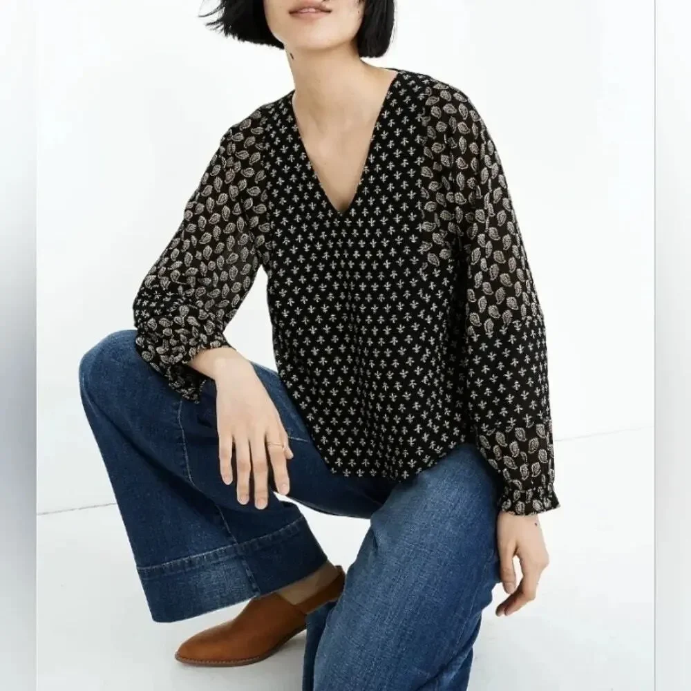 Madewell Sheer Sleeve Top Brushstroke Paisley V-Neck Puff Sleeve Black L