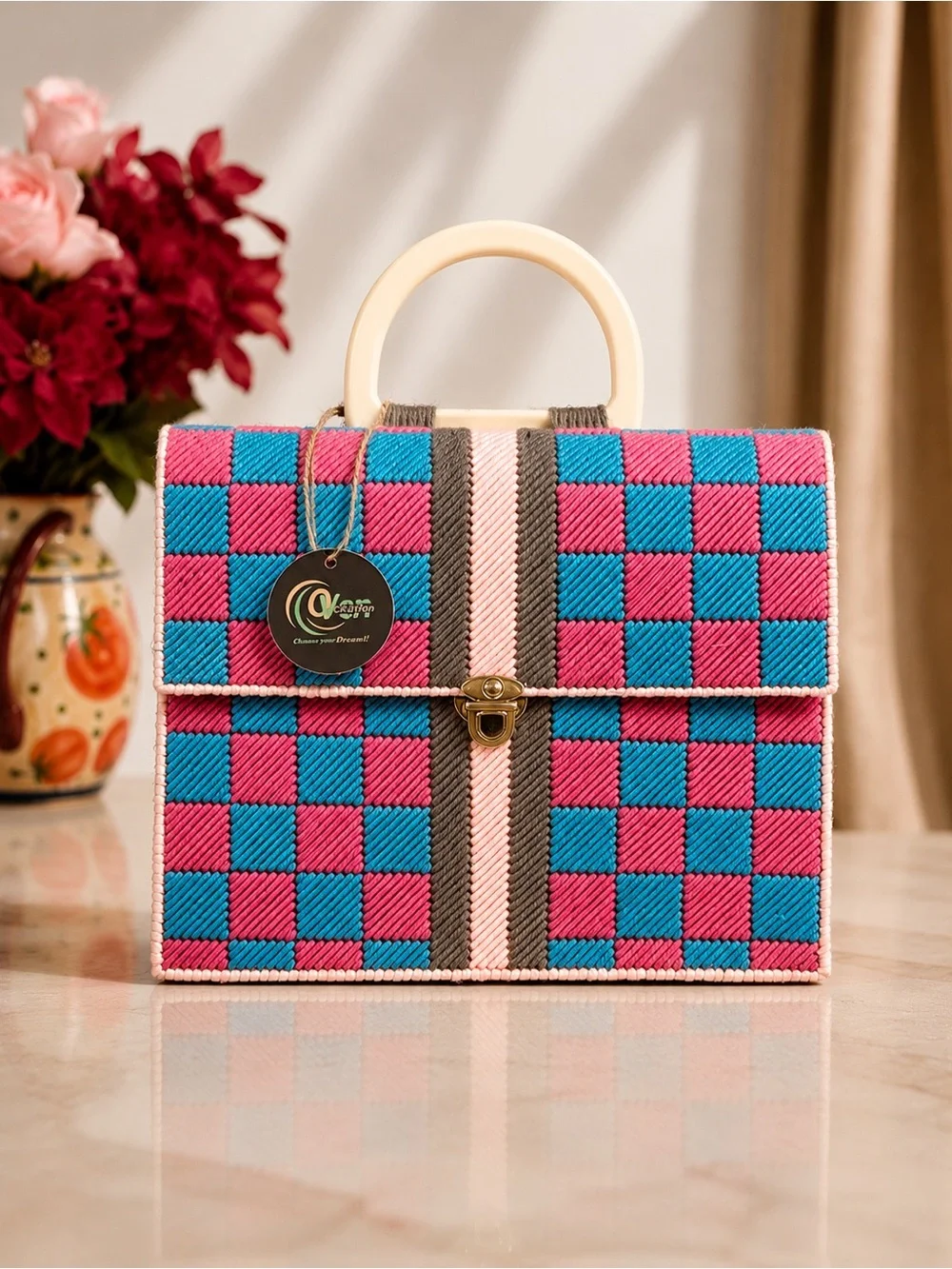 Chaser Pink & Turquoise Checkered Top-Handle Satchel with Cream Handle