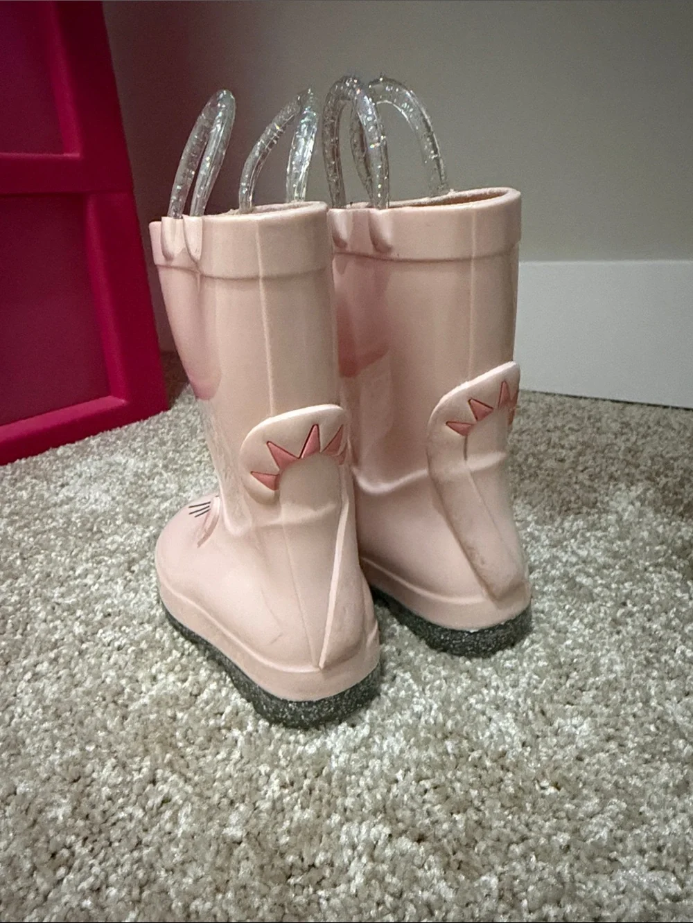 Old Navy Pink Cat Rain Boots with Glitter Pull Handles