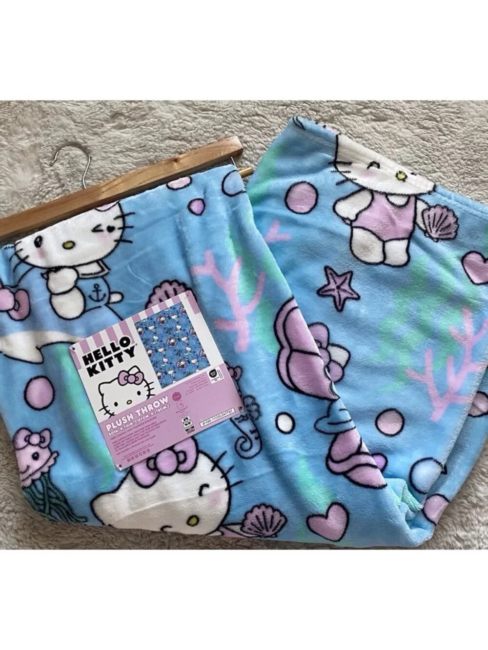 Hello Kitty Mermaid Dolphin Jellyfish Soft Throw Blanket Blue Pink 50” X 70” NEW