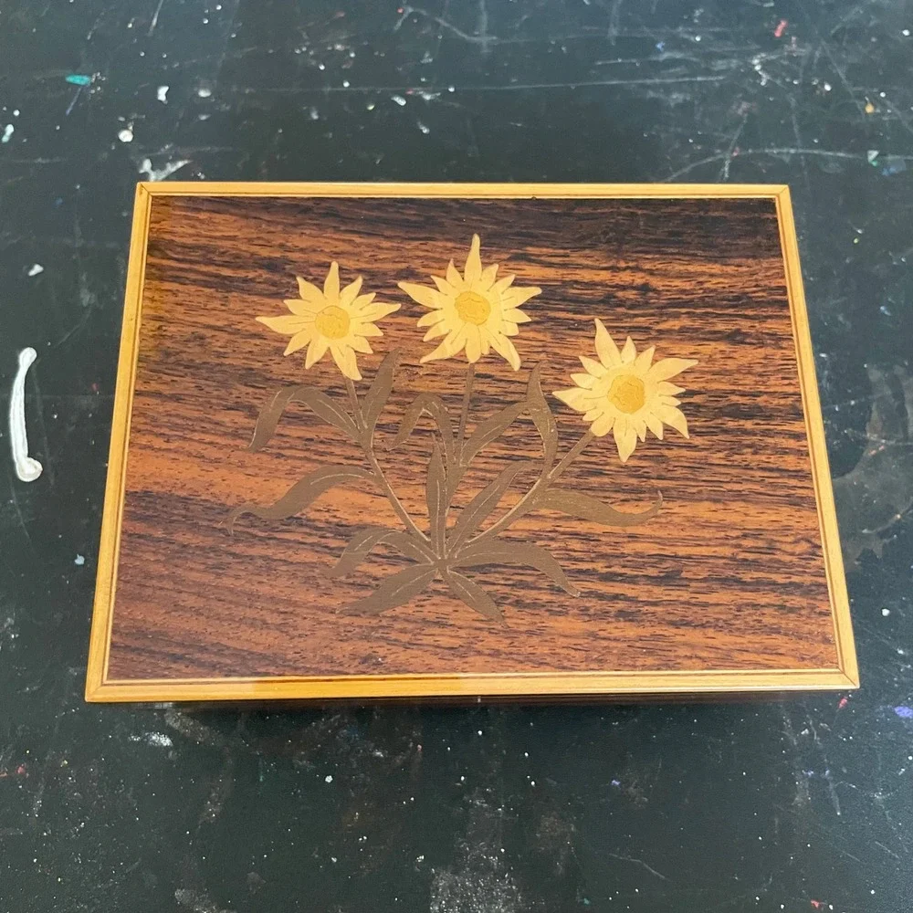 Vintage Reuge Swiss Music Box Edelweiss Inlay Wood Floral Jewelry Box Sunflower