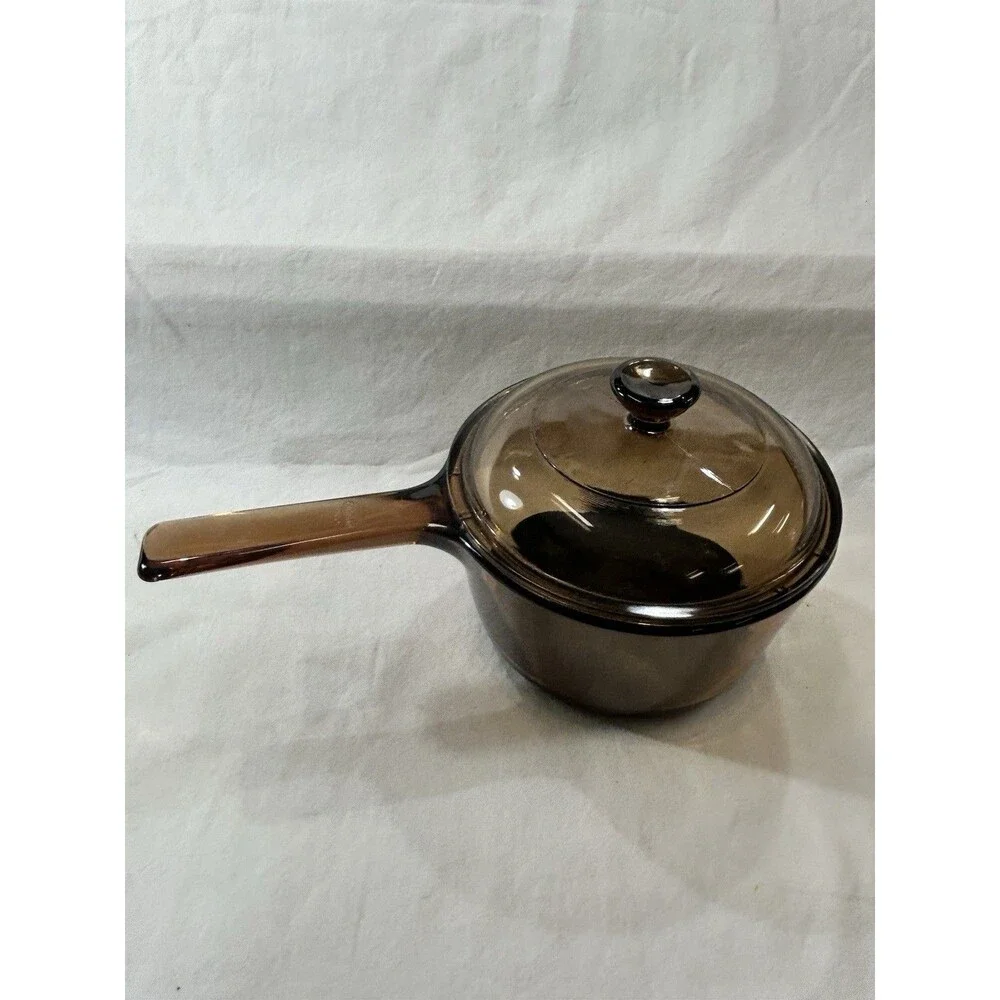 Pyrex Vision Corning Ware USA Amber Glass 1L Sauce Pan Pot with Lid vintage