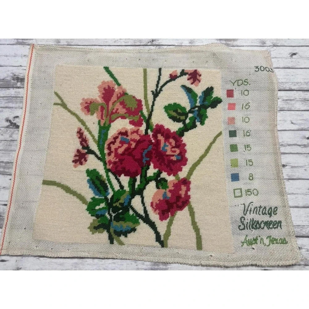 Original Vintage Hand Embroidery Yarn Needlepoint Pansies Flower 14x17