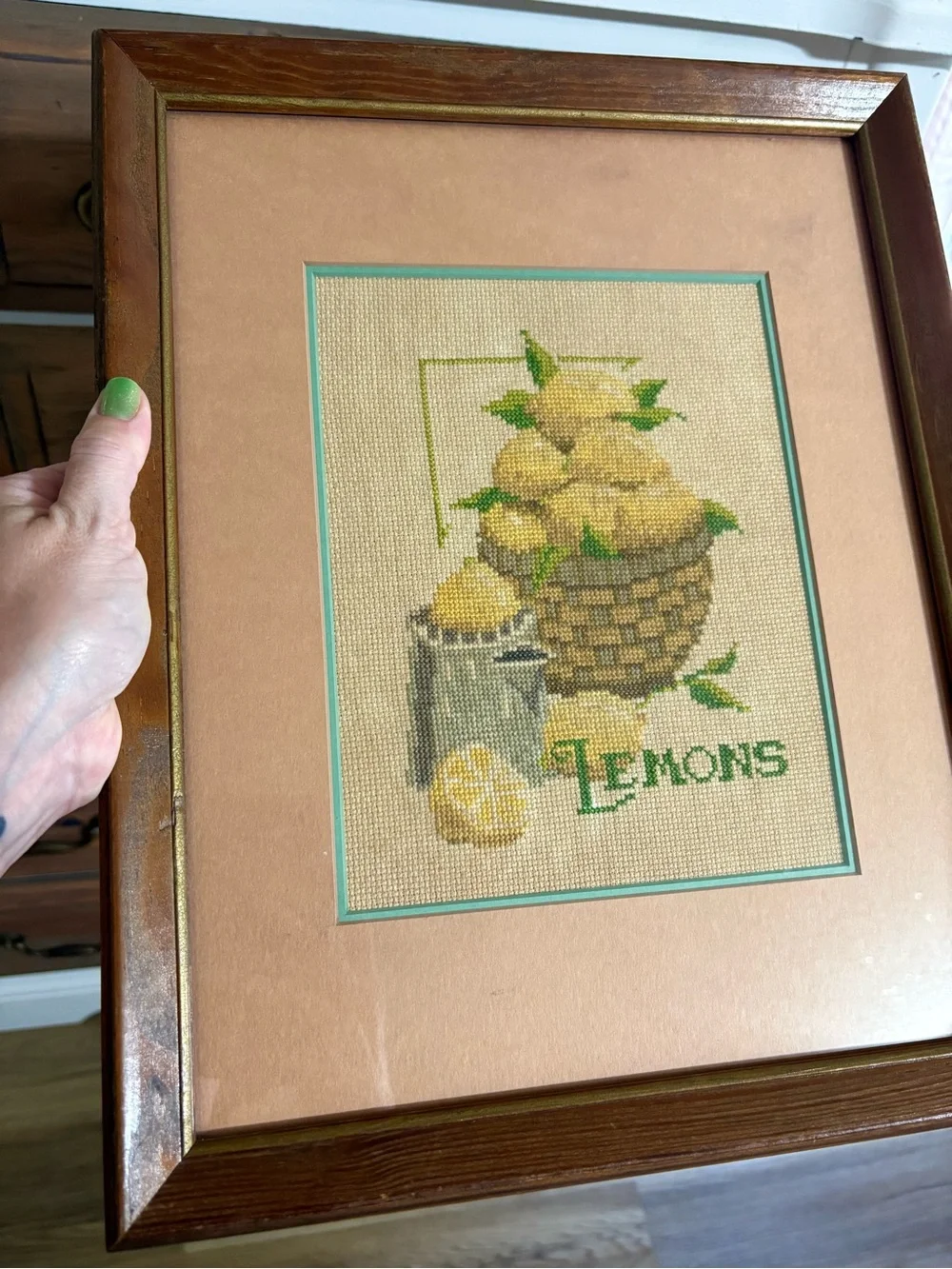 Vintage Lemon Basket Cross-Stitch Wall Art - Yellow, Green, Brown