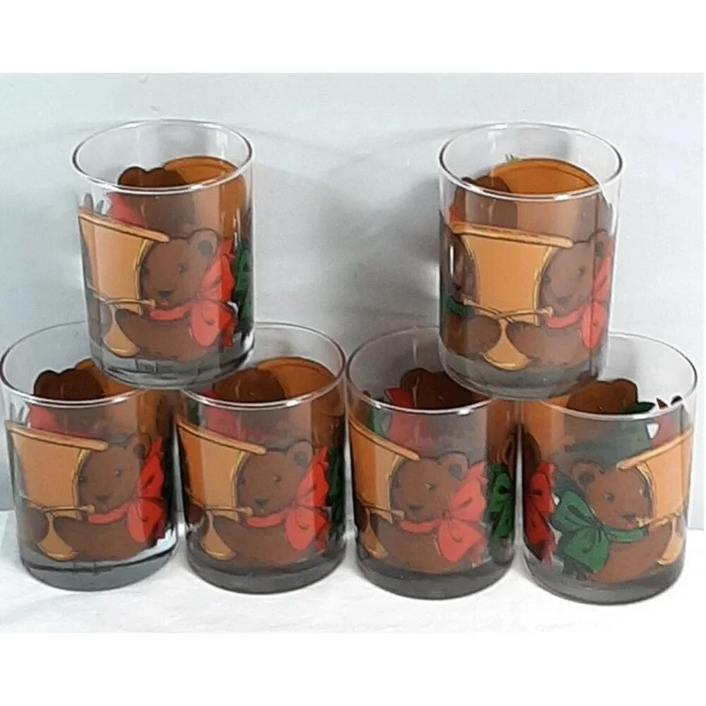Vintage Neiman Marcus Christmas Holiday Teddy Bear Glasses Set of 6