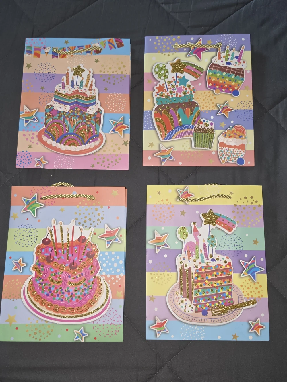 4 Colorful Birthday Cake Gift Bags - Multicolor Party Supplies New