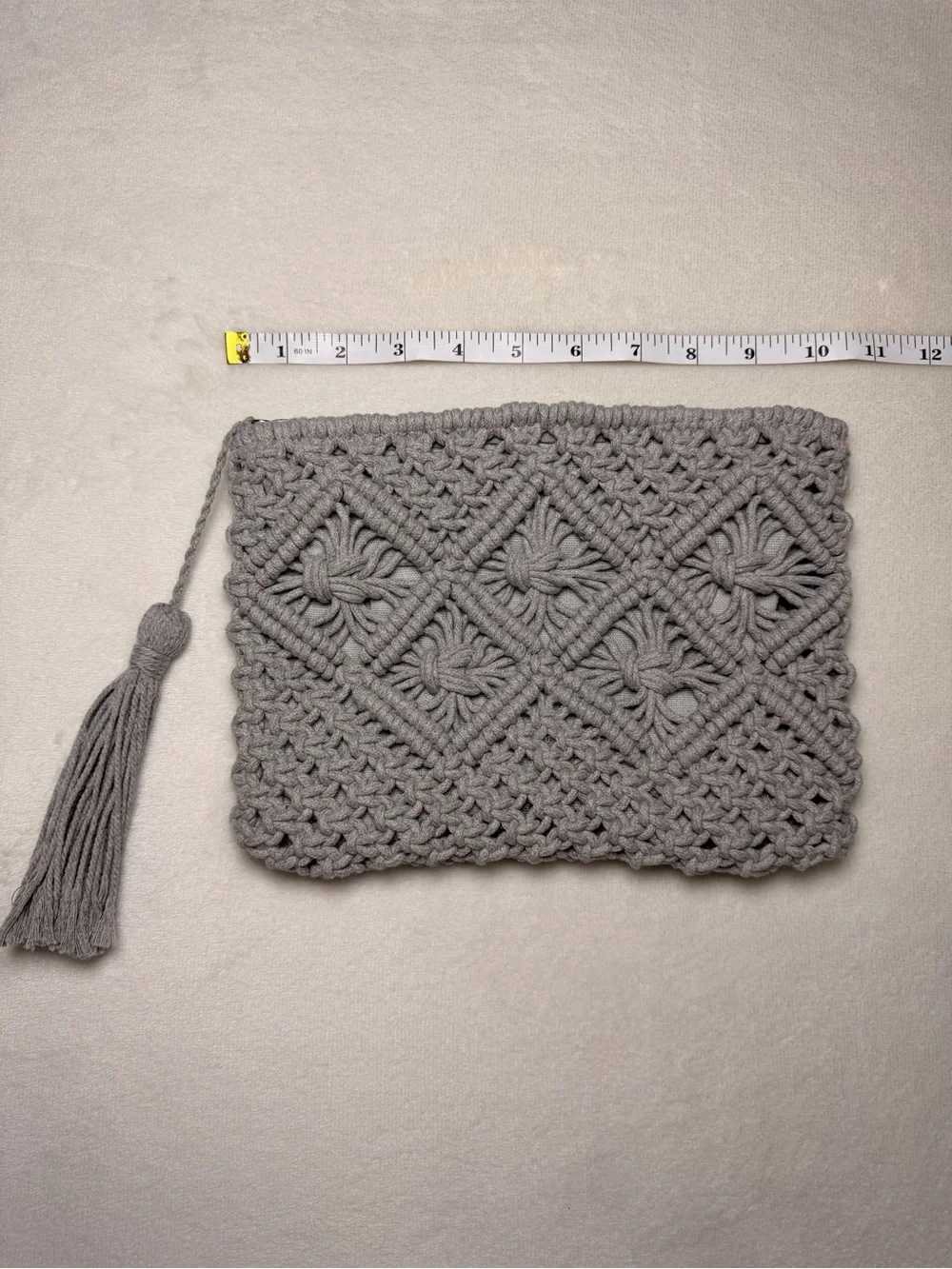 Gray Macrame Crochet Clutch Purse Tassel Zip Boho
