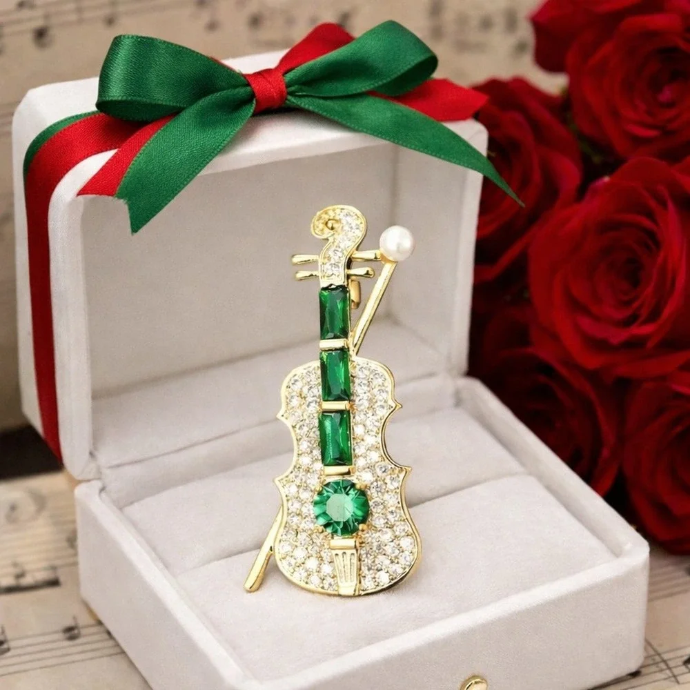 Brooch Green‎ & Gold Rhinestone Violin Pin