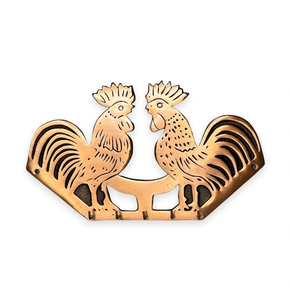 Cast Iron‎ Copper Plated Double Rooster Five Key Hook Holder 11”x6.5”
