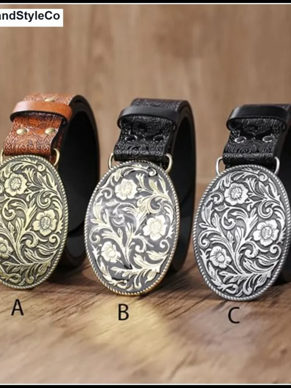 Western PU Leather Belt with Vintage Flower Buckle for Men & Women Cowboy