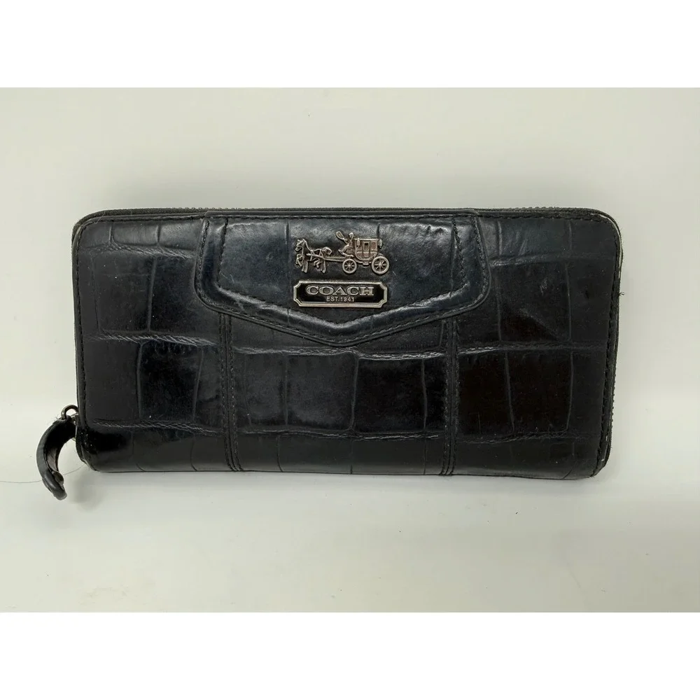 COACH Crocodile Embossed Leather Accordion Black Wallet 8 inches‎