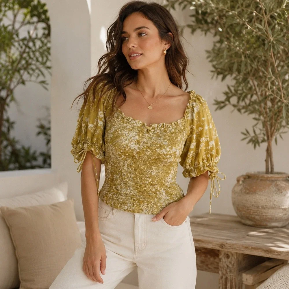 Anthropologie Floral Smocked Blouse Womens XL Yellow Cotton Boho Puff Sleeve Top