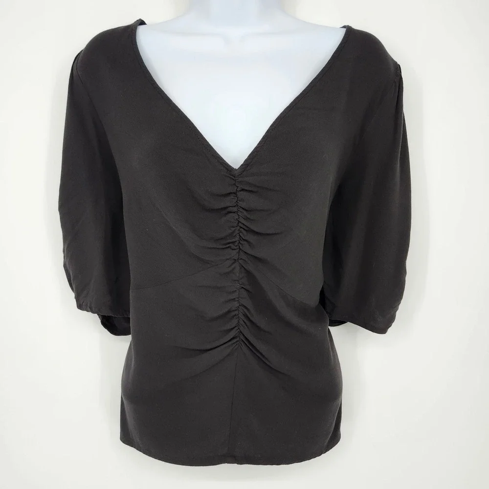 Old Navy Black Ruched V-Neck Puff Sleeve‎ Top Womens Large Going Out Chic