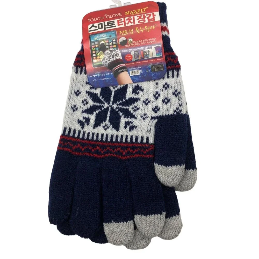 Hansun Smart Touch Winter Gloves Unisex One Size Navy‎ Fair Isle Korean Knit