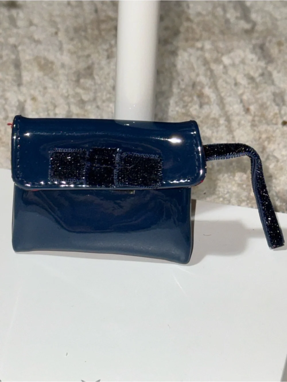 American Girl navy patent leather hand bag envelope style with wrist band