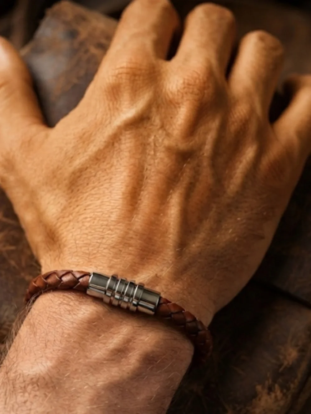 NEW Mens Bracelet Leather Braided 6mm Steel Magnetic Closure 8.5