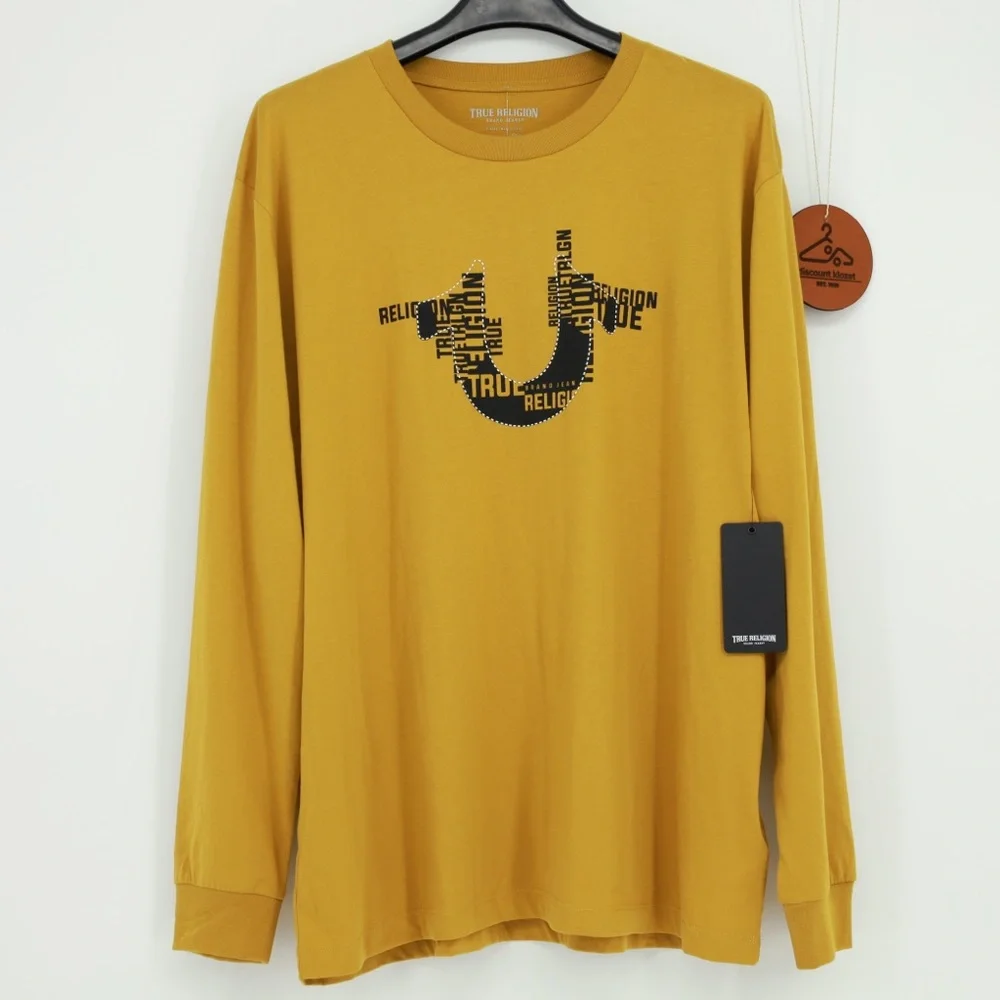 True‎ Religion Mens Gold HS Stacked Logo Long Sleeve Crew Neck Shirt Size XL