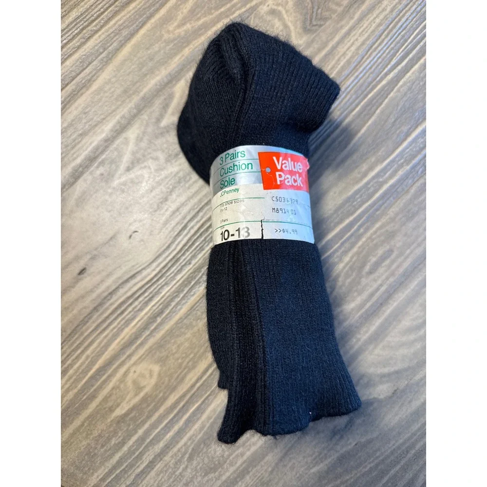 VTG NOS JCPenney Socks Mens 10-13 Black 3 Pairs Cushion Sole Reinforced Heel Toe