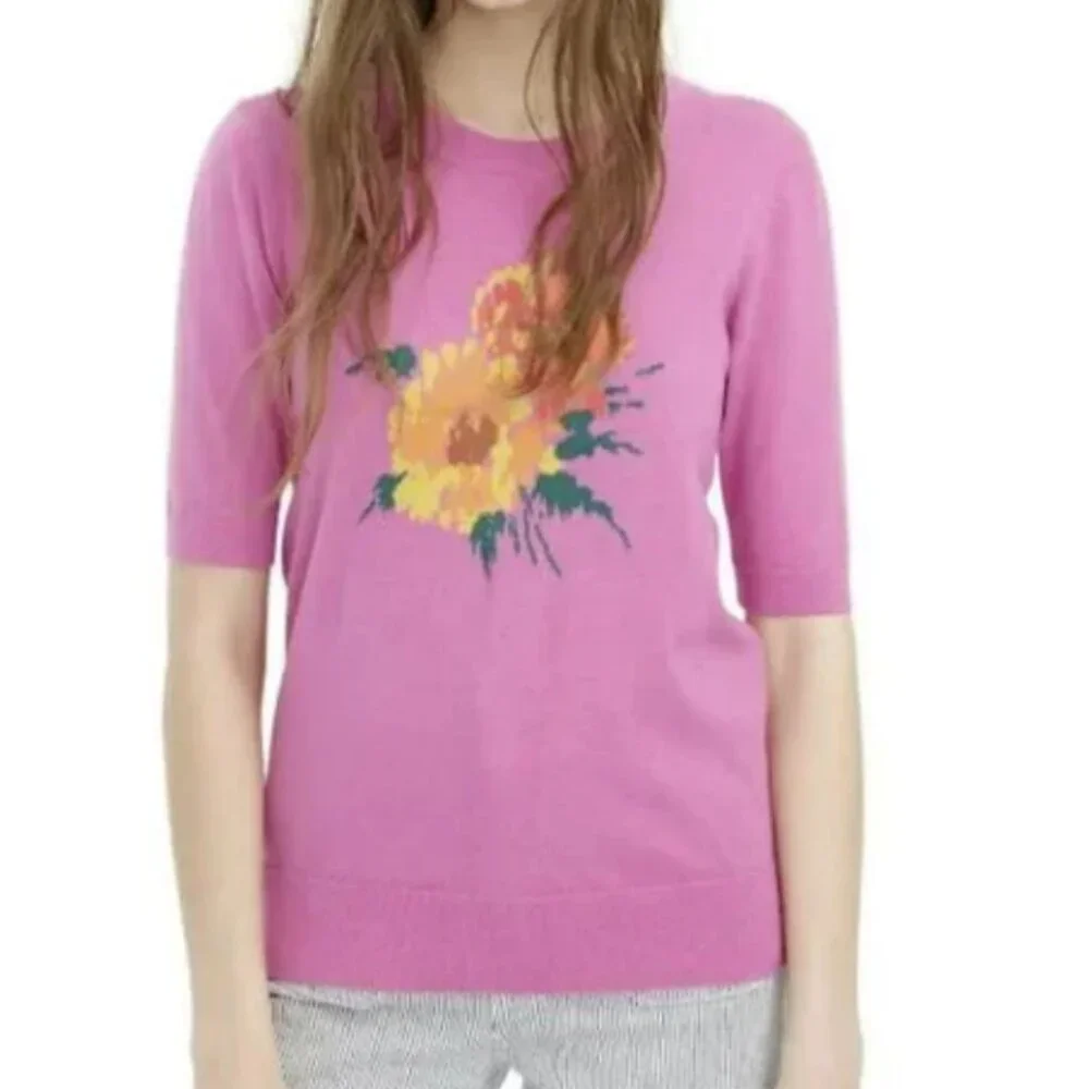 J Crew Merino Wool Blend Embroidered Floral Short-Sleeve Tippi Sweater in Pink