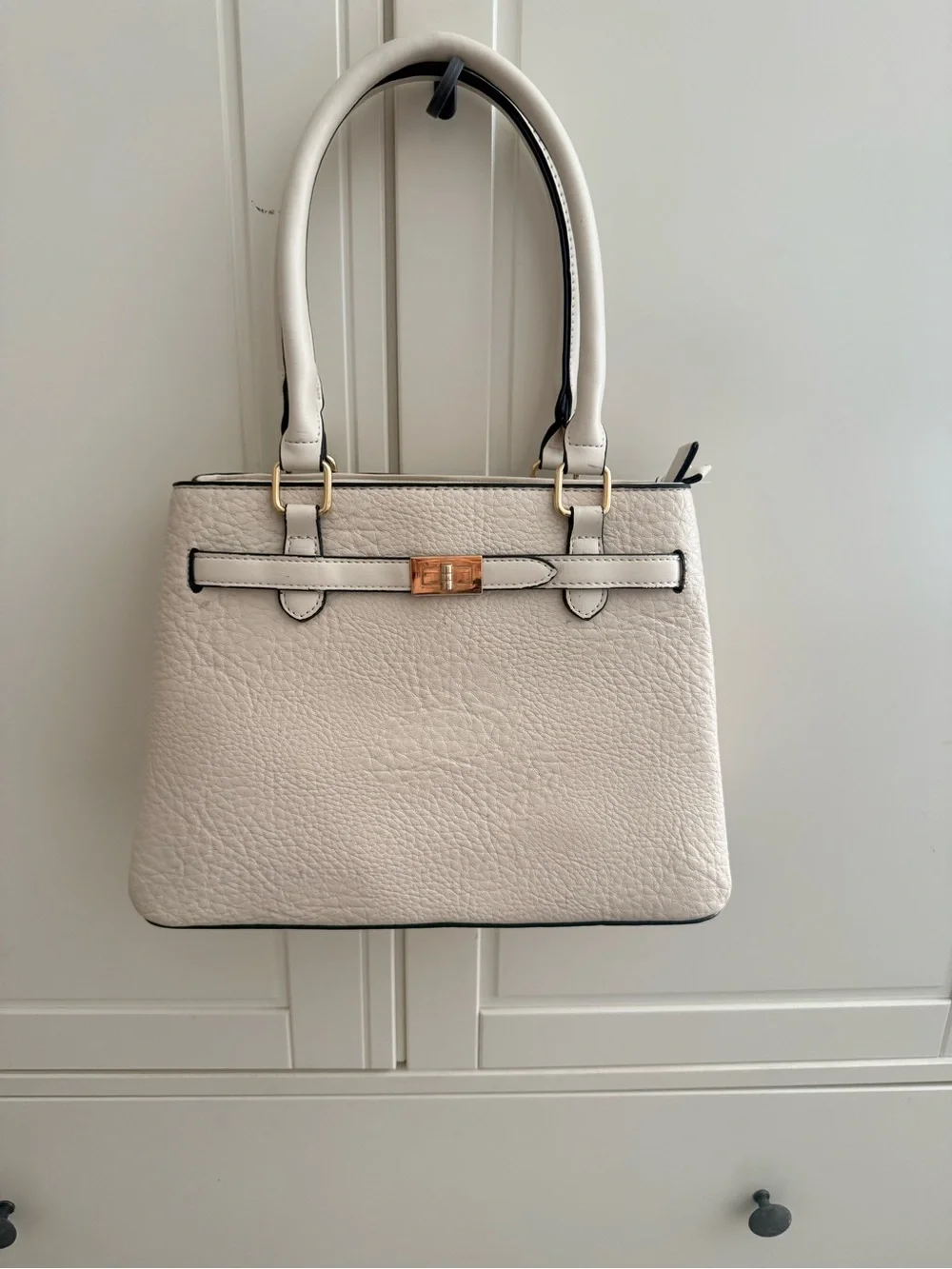 Structured Cream Satchel Handbag with Gold-Tone Accent