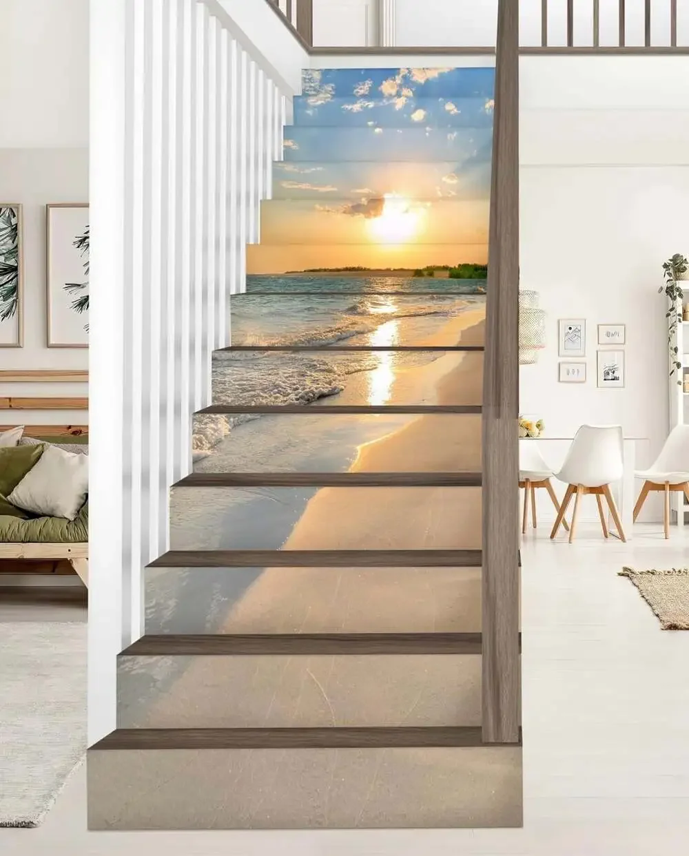 New. FLFK 13PCS/Set 3D Sunrise Ocean Beach Self-Adhesive Stair Risers Stickers