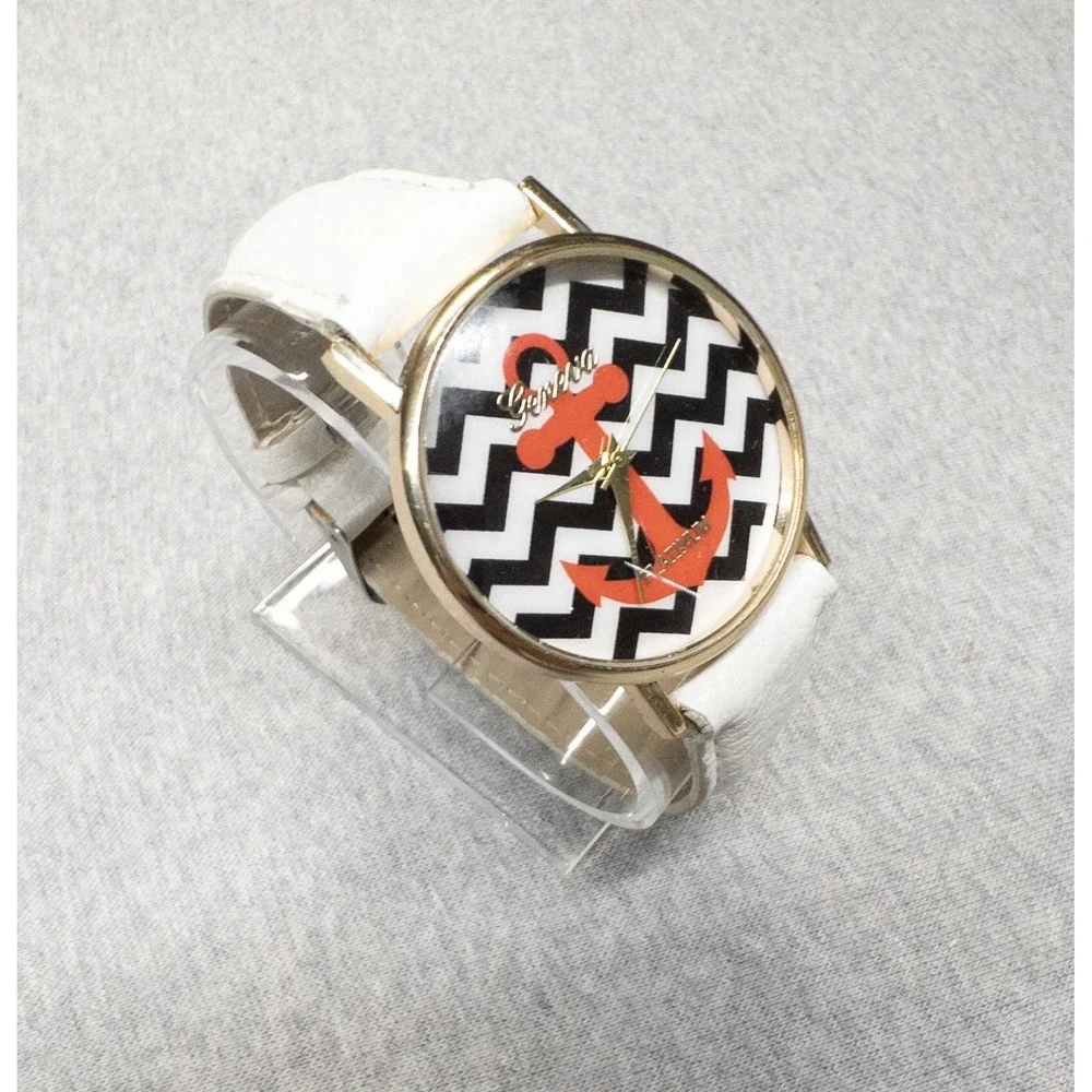 Geneva Platinum Watch Womens‎ Pink Anchor White Leather Band Nautical Chevron