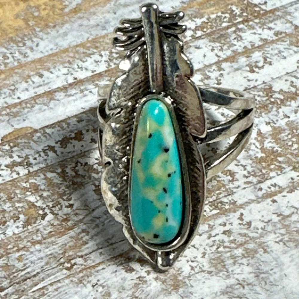 Southwestern Feather Turquoise Statement Ring Silver Tone Split Shank Size 8.25